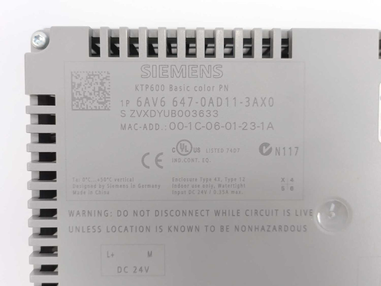 Siemens 6AV6647-0AD11-3AX0 SIMATIC HMI KTP600 Basic Color PN