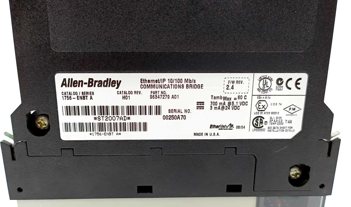 AB 1756-ENBT Ser. A FW Rev 6.004; Cat. Rev. H01 ; Enet/IP Bridge Module