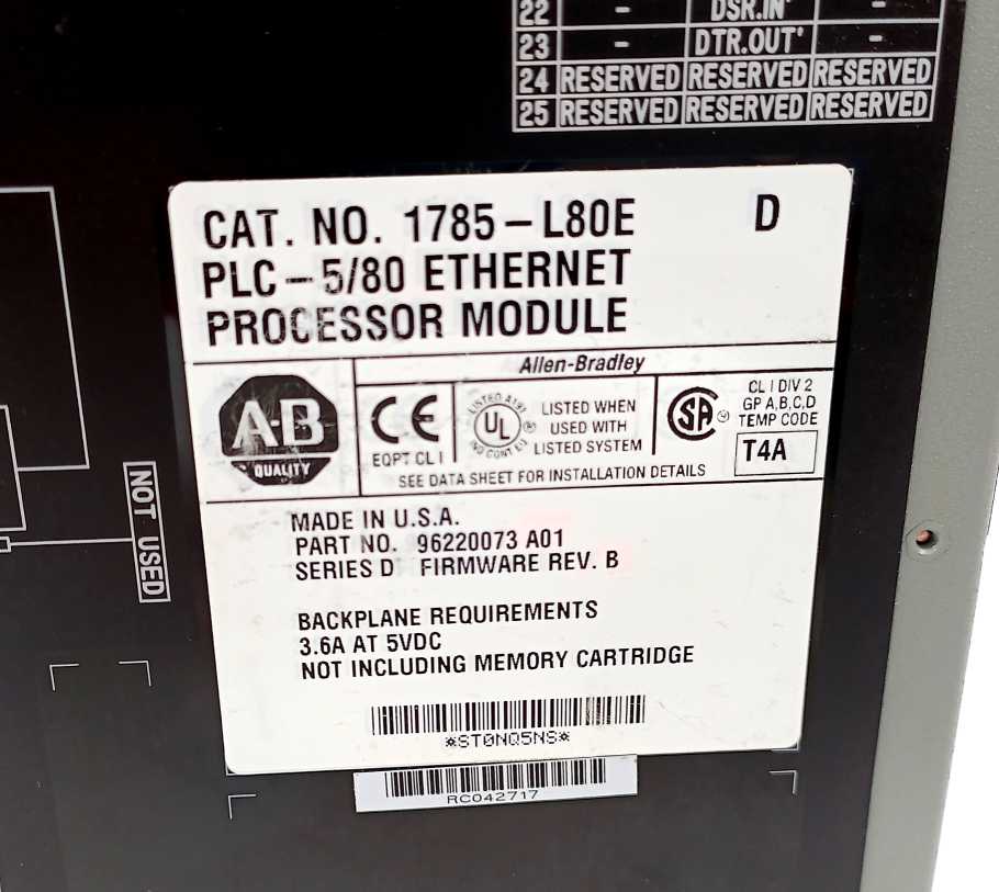 AB 1785-L80E Ser. D ; F/W Rev. B  PLC-5/80 Ethernet Processor Module