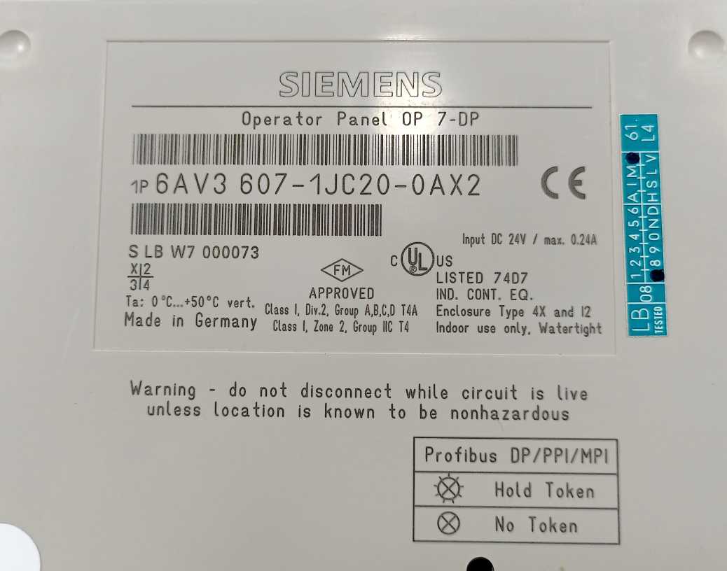Siemens 6AV3607-1JC20-0AX2 Operator Panel OP 7-DP