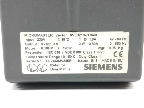 Siemens 6SE3210-7BA40 MICROMASTER vector 230V 47-63 Hz Class 1 Issue B.8