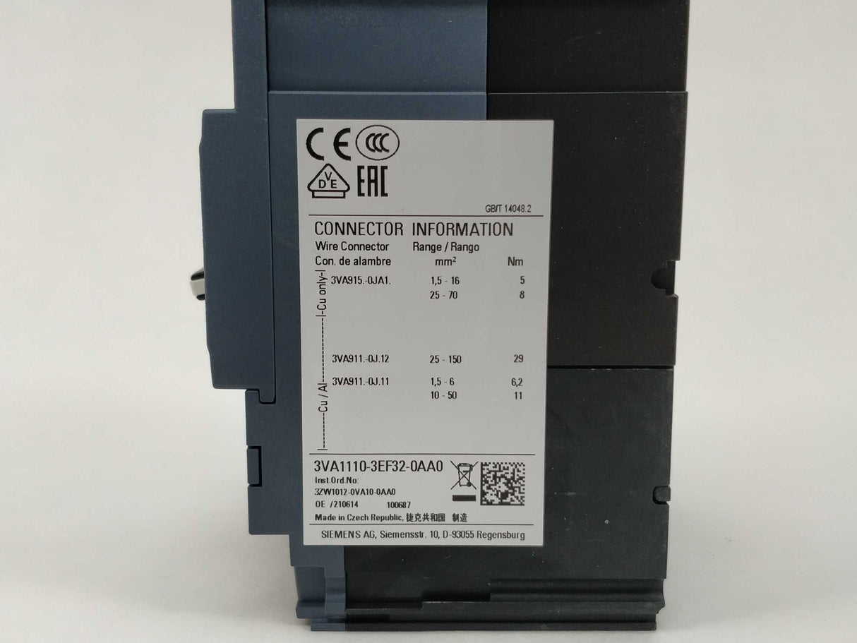 Siemens 3VA1110-3EF32-0AA0 Circuit breaker 3VA1 100A