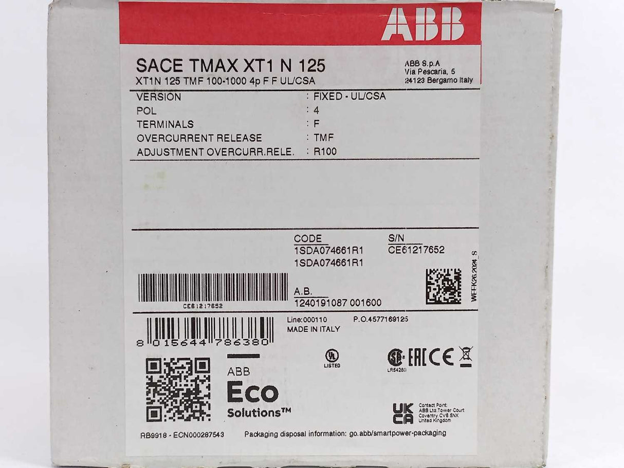 ABB 1SDA074661R1 XT1N 125 TMF 100-1000 4p F F UL/CSA