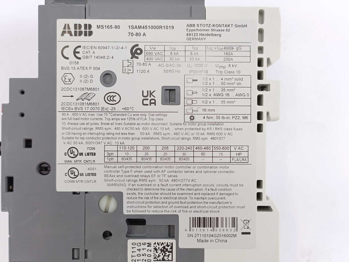 ABB 1SAM451000R1019 Manuel Motor Starter MS165-80