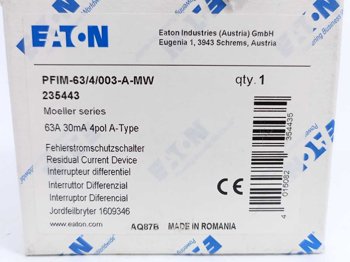 Eaton 235443 Residual Current Circuit Breaker PFIM-63/4/003-A-MW