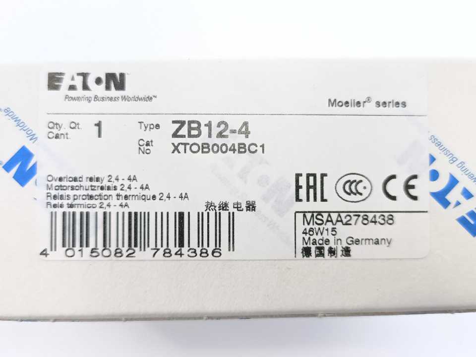 Eaton XTOB004BC1 ZB12-4 Overload Relay 2.4-4A