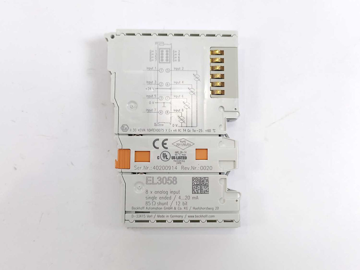 Beckhoff EL3058 8 x Analog Input Single Ended 4...20mA 85Ω Shunt 12bit