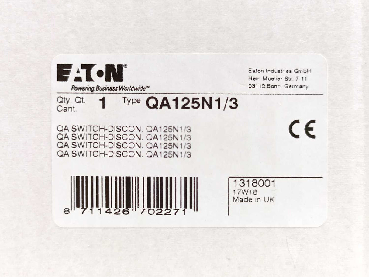 Eaton 1318001 Disconnector Switch QA125N1/3