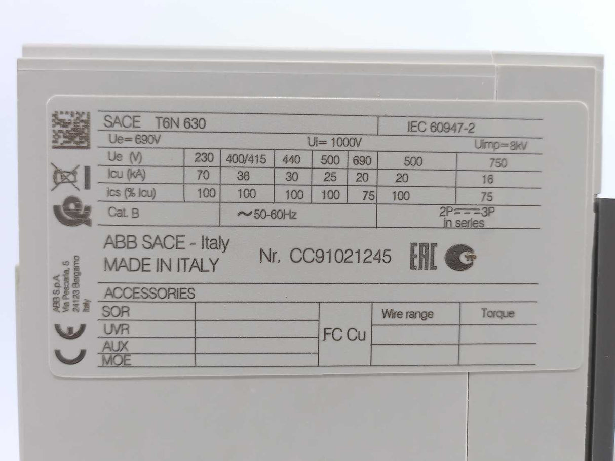 ABB 1SDA060227R1 Circuit Breaker T6N 630 PR221DS-I In=630 3p F F