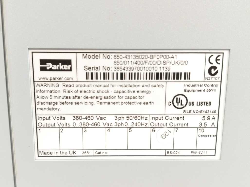 Parker 650-43135020-BF0P00-A1 650/011/400/F/00/DISP/UK/0/0 AC Inverter Drive