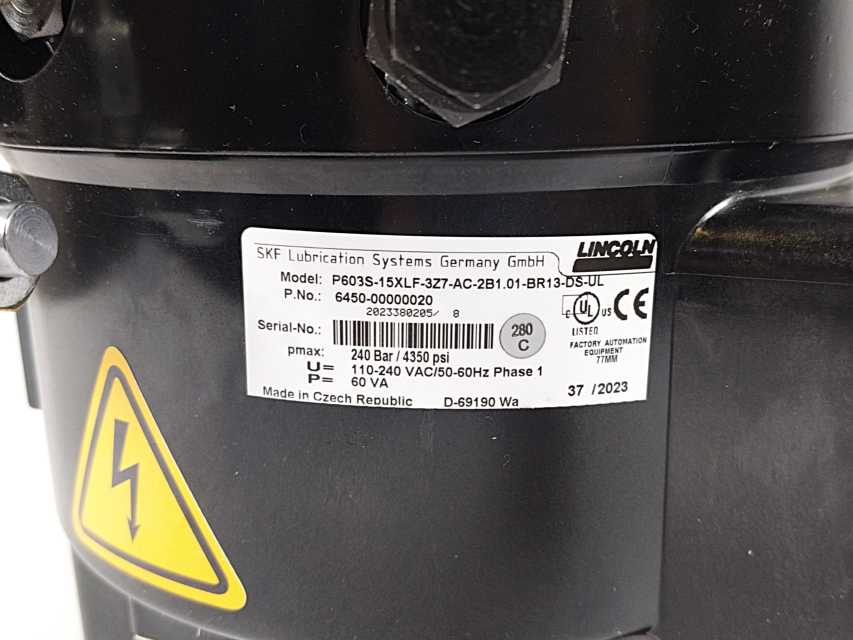 SKF Lincoln 6450-00000020 P603S-15XLF-3Z7-AC-2B1.01-BR13-DS-UL Piston Pump