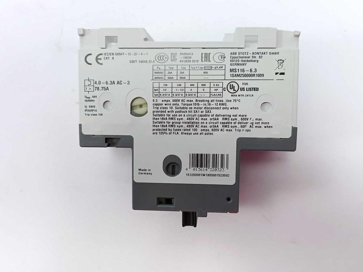 ABB 1SAM250000R1009 MS116-6.3 Manual Motor Starter 4.0-6.3A