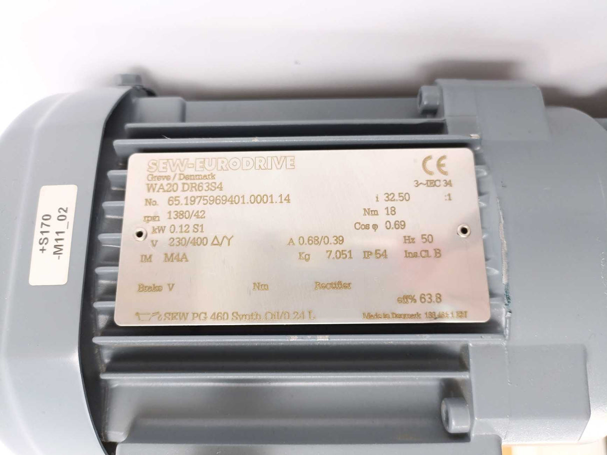 SEW-EURODRIVE  WA20 DR63S4 Gearmotor, kW 0.12 S1, Nm 18, i 32.50