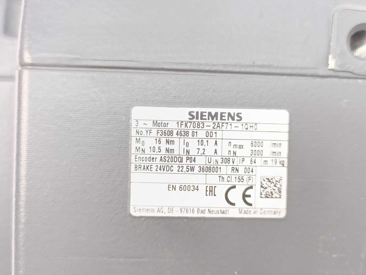 Siemens 1FK7083-2AF71-1QH0 SIMOTICS S 3 Phase SSERynchronous Servo Motor