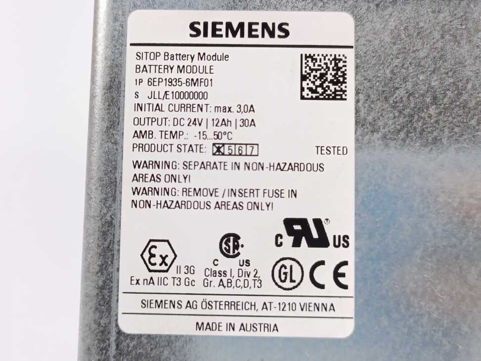 Siemens 6EP1935-6MF01 SITOP Battery Module/24V/12AH