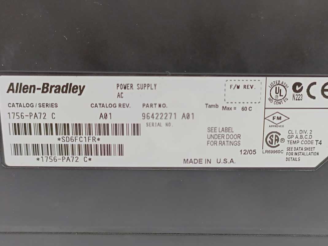 AB 1756-PA72 Ser. C ControlLogix AC Power Supply 120/240VAC 50/60HZ