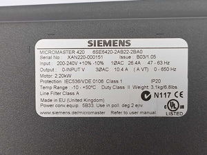 Siemens 6SE6420-2AB22-2BA0 MicroMaster 420 AC Frequency Inverters