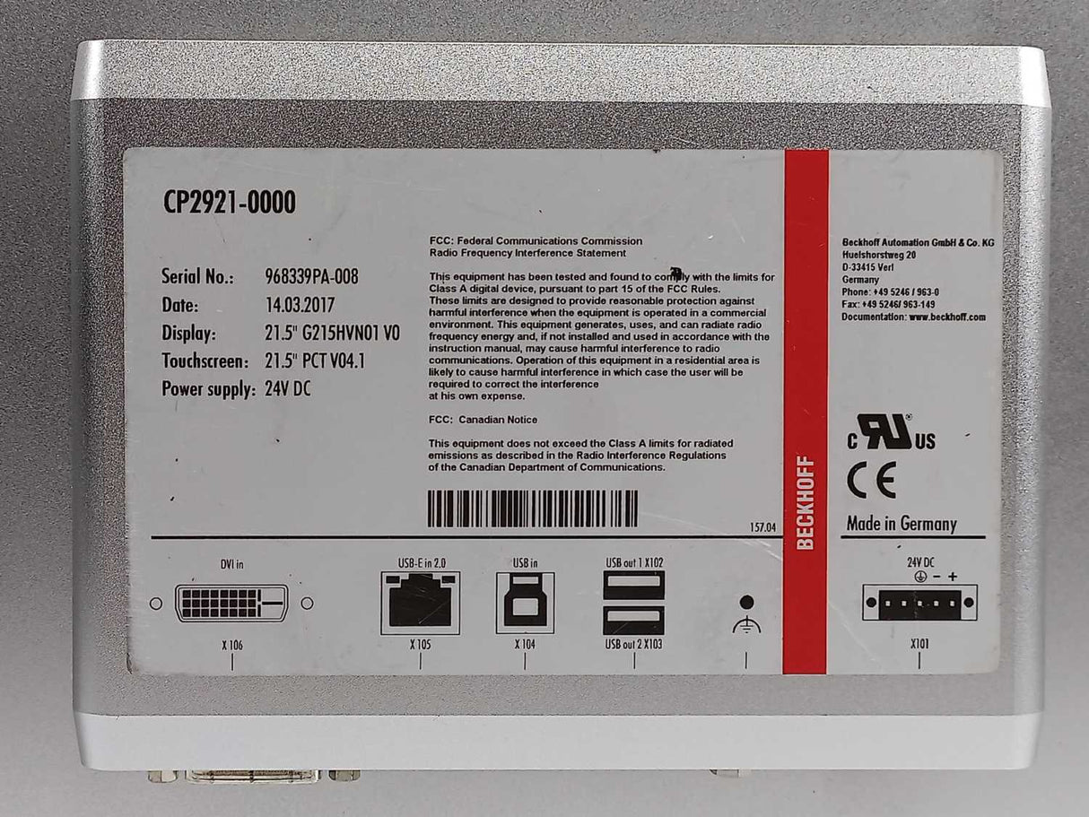 Beckhoff CP2921-0000 21.5" Touchscreen Control Panel 24VDC