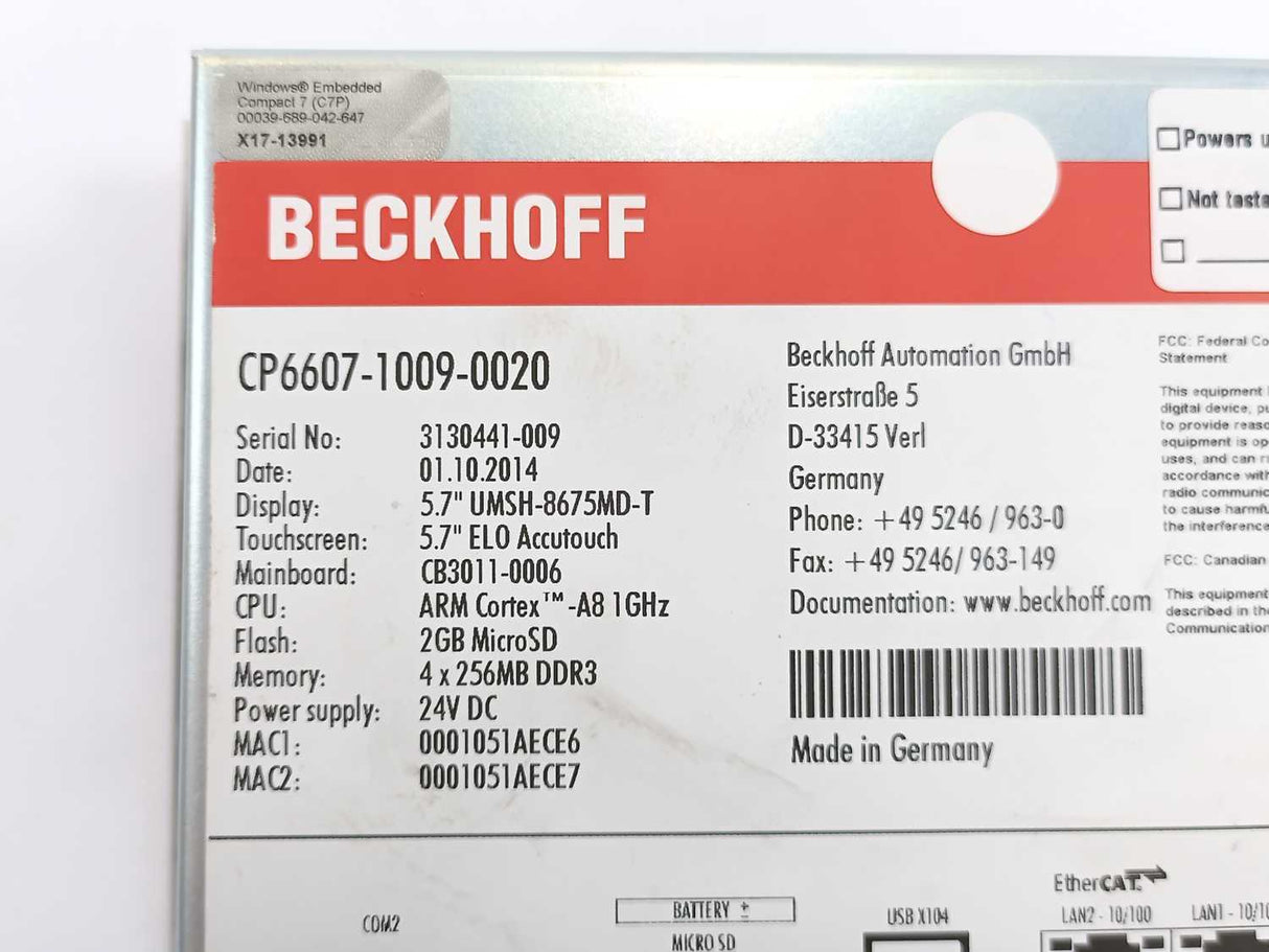 Beckhoff CP6607-1009-0020 5.7" ELO Accutouch Built-in Panel PC