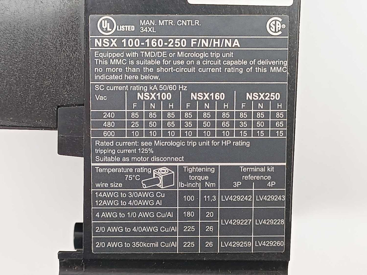 Schneider Electric C10H4 4P NSX100H Circuit Breaker without Trip Unit