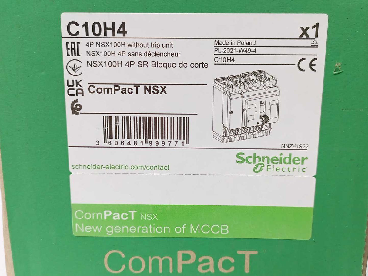 Schneider Electric C10H4 4P NSX100H Circuit Breaker without Trip Unit