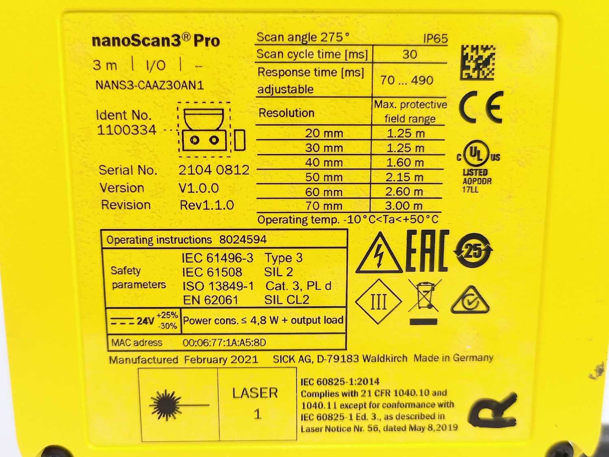 SICK 1100334 NANS3-CAAZ30ZA1 Safety Laser Scanner: NanoScan3 Pro