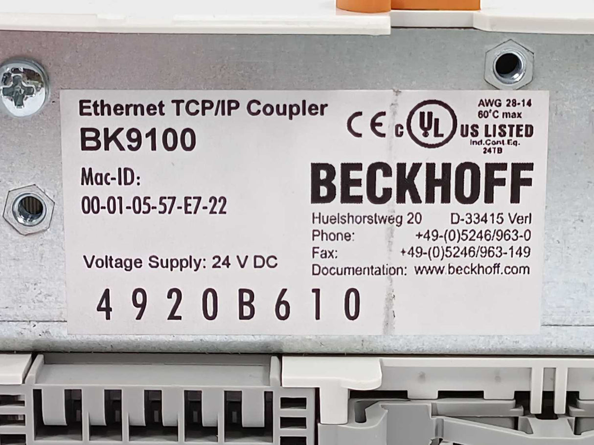 Beckhoff BK9100 Ethernet TCP/IP Bus Coupler with 2-Channel Switch