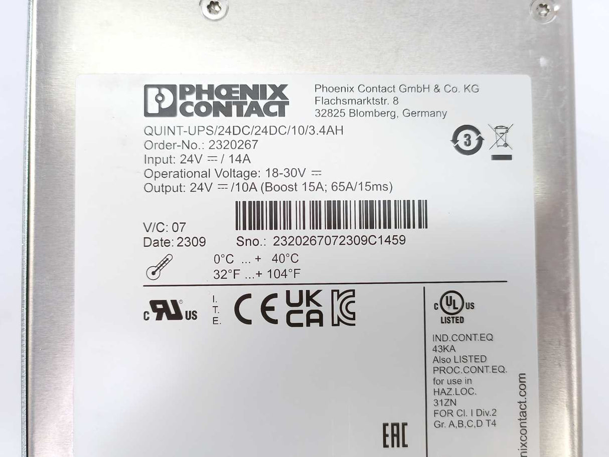 Phoenix Contact 2320267 QUINT-UPS/24DC/24DC/10/3.4AH Power Supply 24V