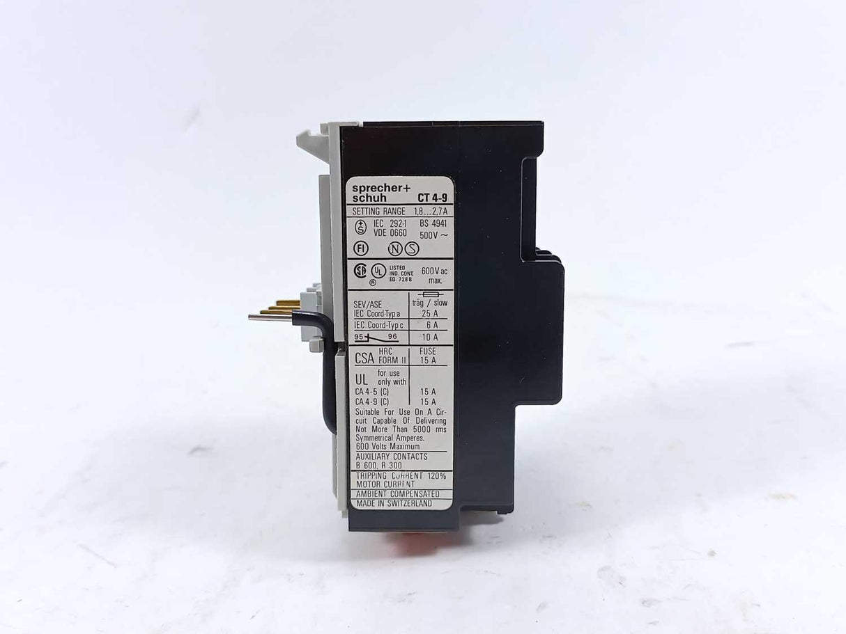 Sprecher+Schuh CT4-9 Thermal Overload Relay 1.8-2.7A. 6 Pcs.