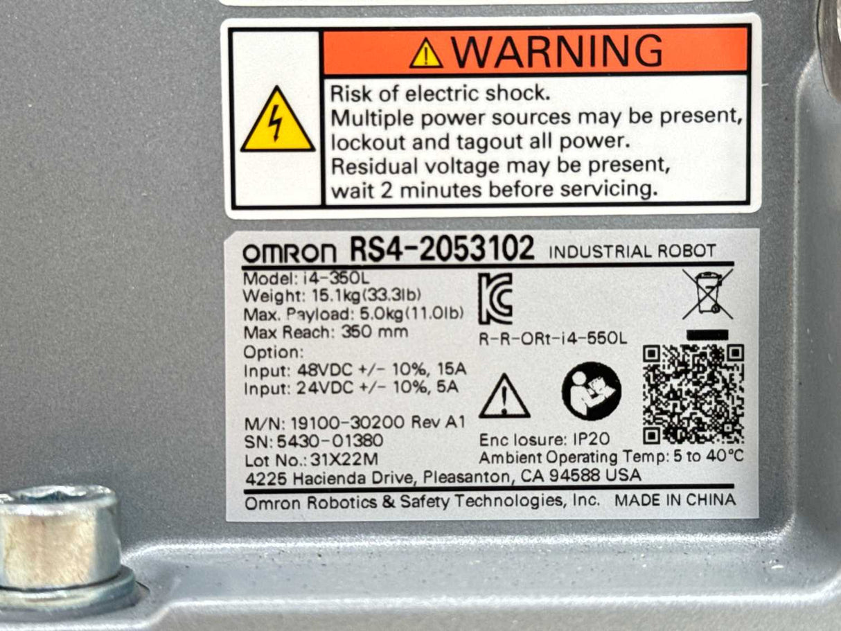 OMRON RS4-2053102 i4-350L Scara w/ 19354-010 Controller & front panel Kit