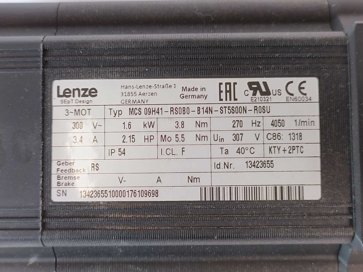 LENZE MCS 09H41-RS0B0-B14N-ST5S00N-R0SU 13423655 Servo Motor 300V 3.4A 1.6kW