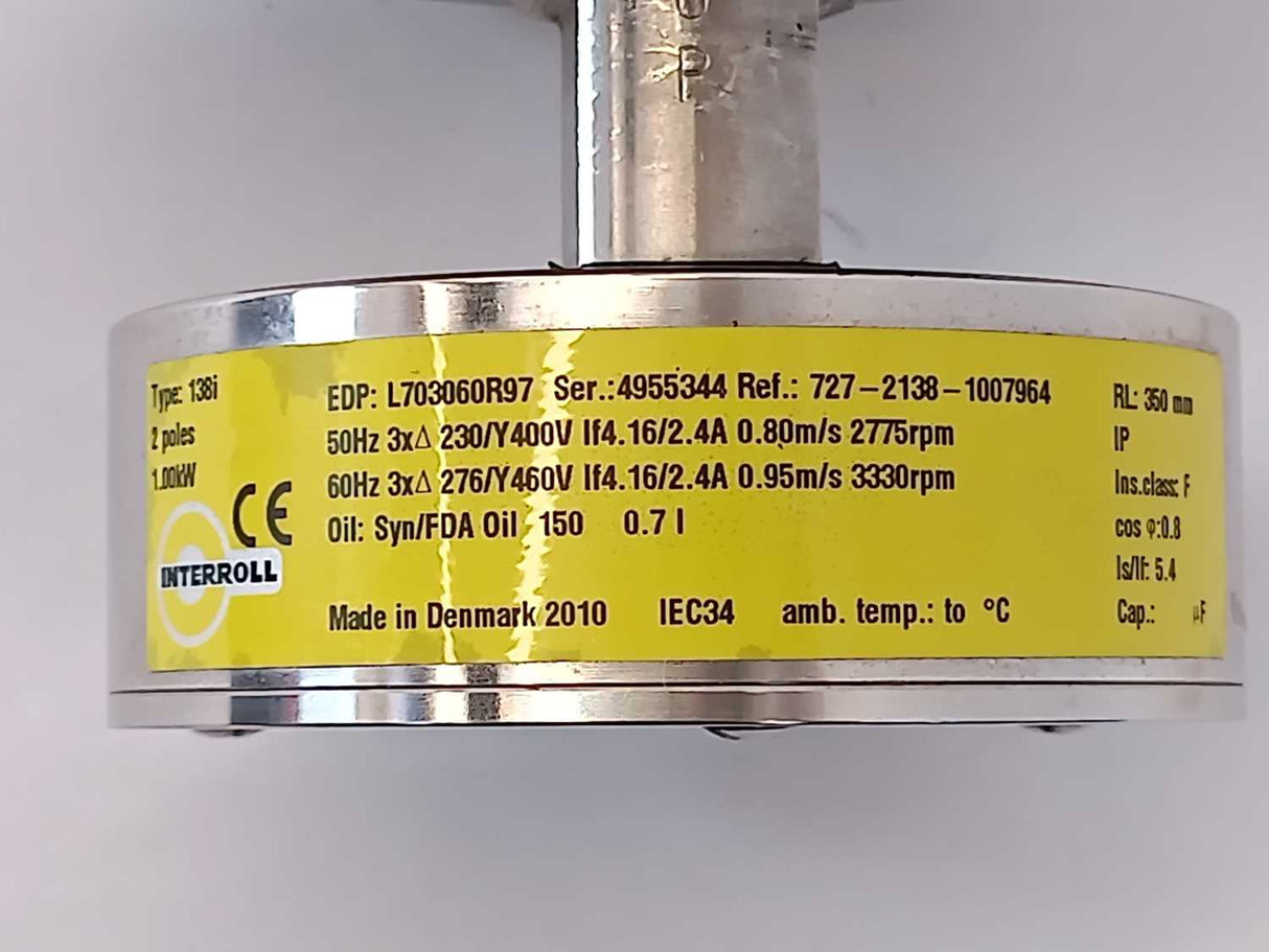 Interroll 138i Drum Motor 3 Phase - 1000W - RL 350mm