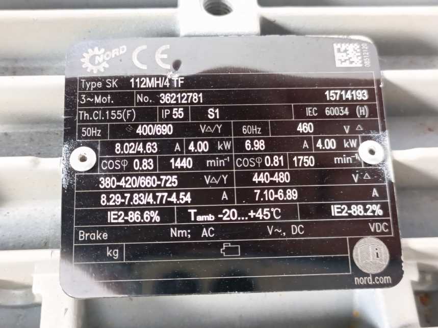 Nord 36212781 SK 112MH/4 TF 4kW, 50Hz 400/690 , 60Hz 460V AC Motor