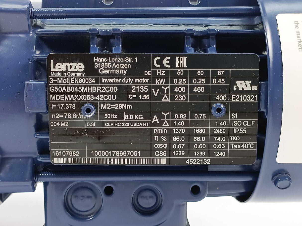 LENZE MDEMAXX063-42C0U G50AB045MHBR2C Geared Inverter Duty Motor