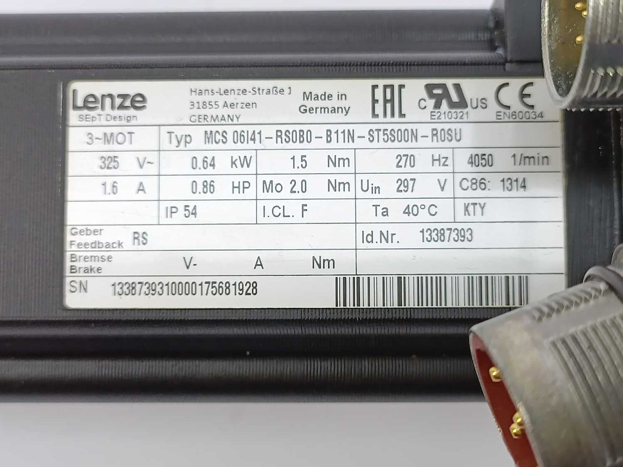 LENZE MCS06I41-RS0B0-B11N-ST5S00N-R0SU Servo Motor 325VAC, 0.64kW, 1.5Nm, 270Hz