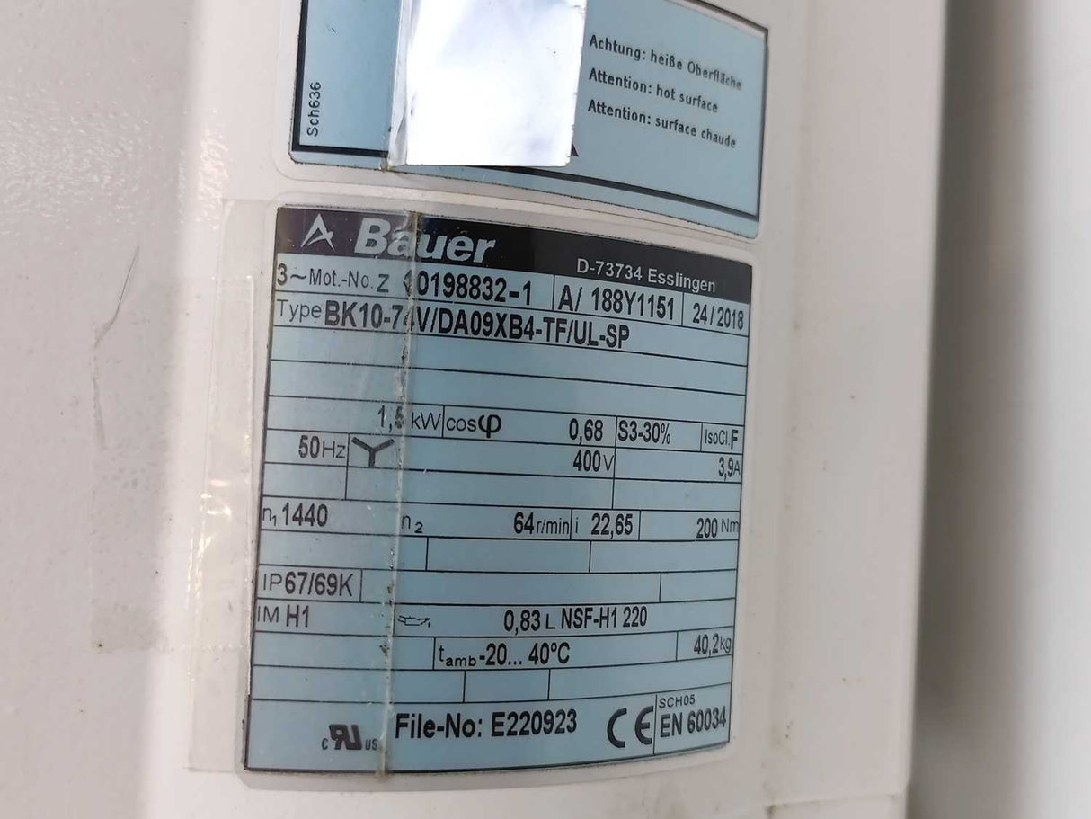 Bauer BK10-74V/DA09XB4-TF/UL-SP 3-Phase Bevel Gear Motor. 1.5kW, i=22.65