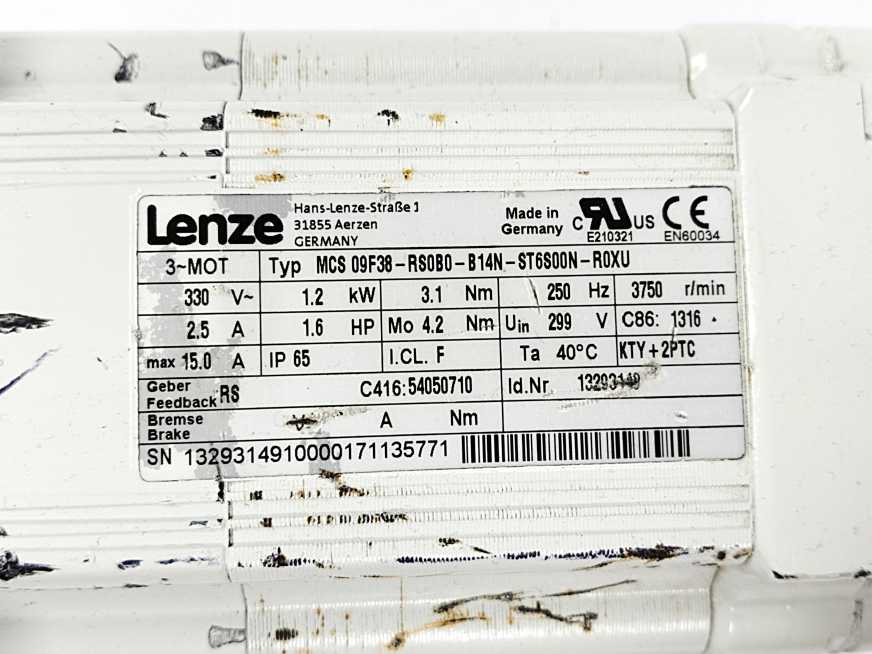 LENZE MCS 09F38-RS0B0-B14N-ST6S00N-R0XU 13293149 Servo Motor 330V 2.5A