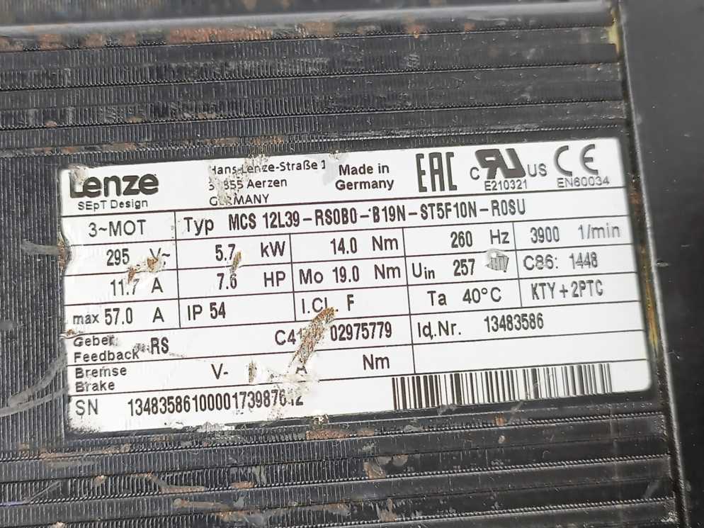 LENZE MCS 12L39-RS0B0-B19N-ST5F10N-R0SU 13483586 Servo Motor 295V w/ 4656 EZ
