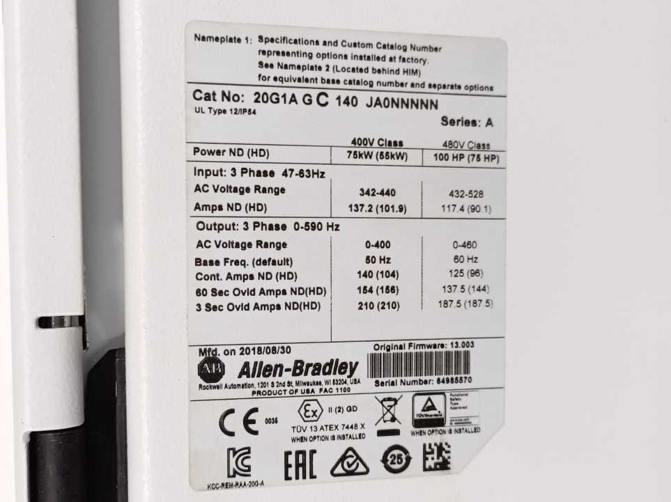 AB 20G1AGC140JA0NNNNN Ser. A, AC Drive 400VAC, 3Phase, 140A, 75kW
