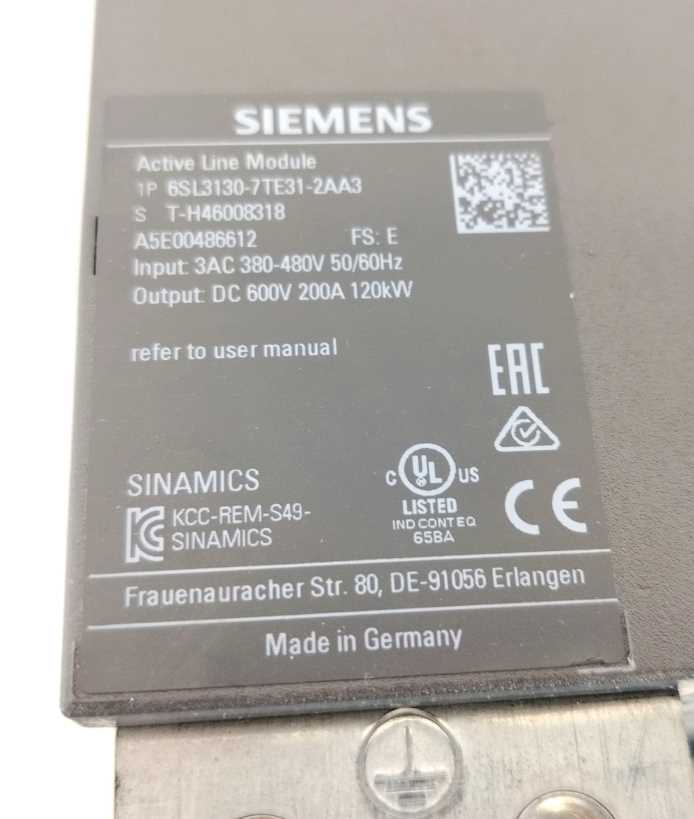 Siemens 6SL3130-7TE31-2AA3 SINAMICS S120 ACTIVE LINE MODULE INPUT