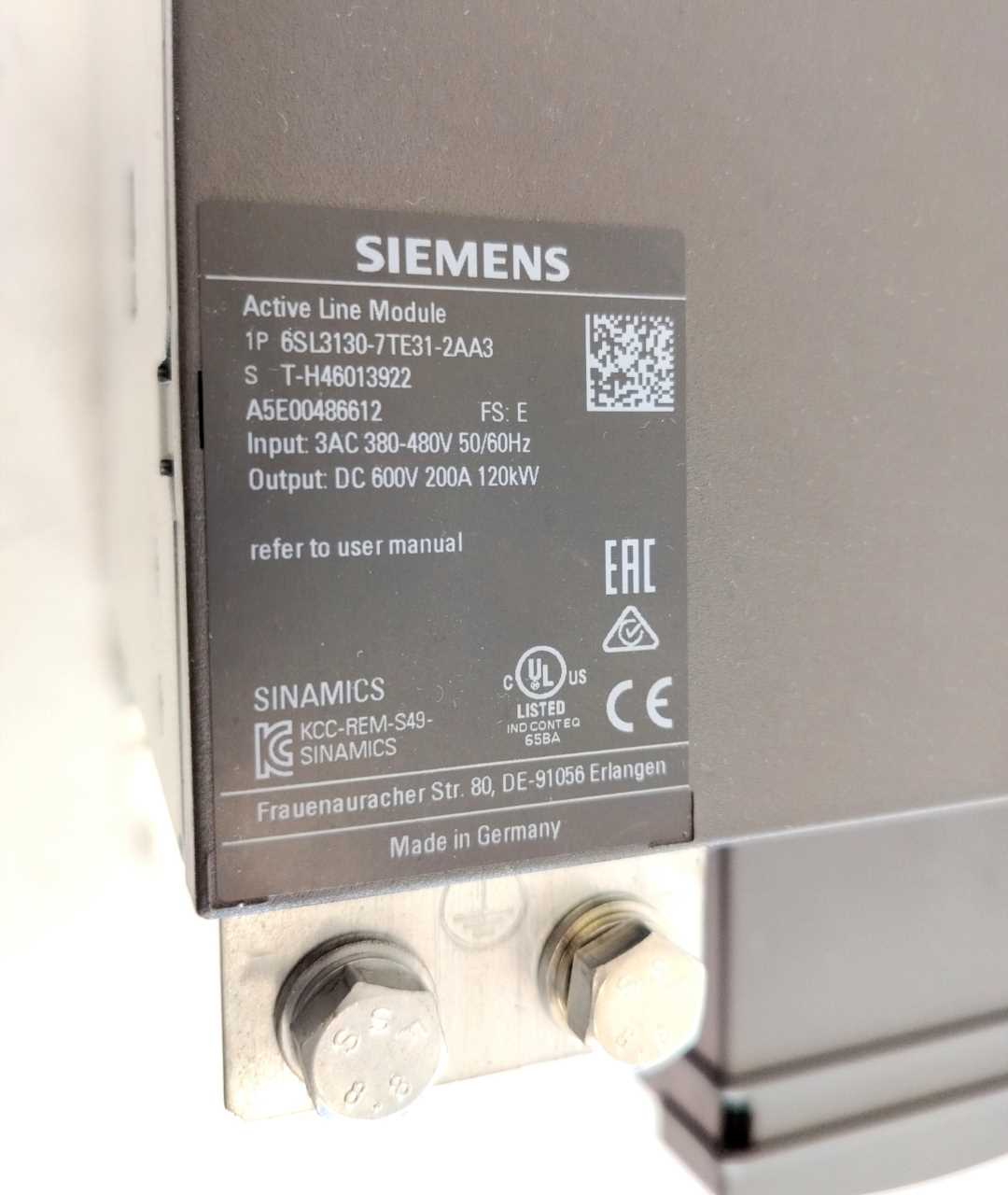Siemens 6SL3130-7TE31-2AA3 SINAMICS S120 ACTIVE LINE MODULE INPUT