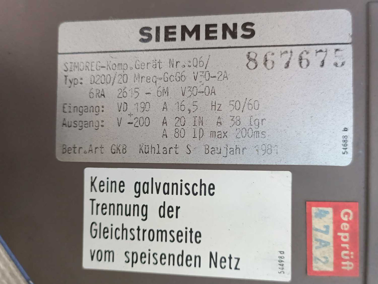 Siemens 6RA2615-6MV30-0A D200/20 Mreq-GcG6V30-2A SIMOREG Drive