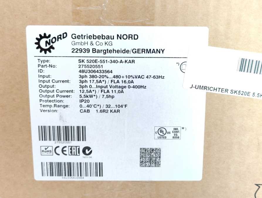 Nord 278100556 SK700E-551-340-A-KAR NORDAC 700E 5,5kW Frequency Inverter