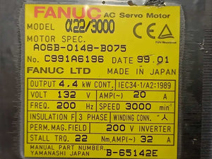 Fanuc A06B-0148-B075 AC Servo Motor a22/3000 4,4kW. missing encoder