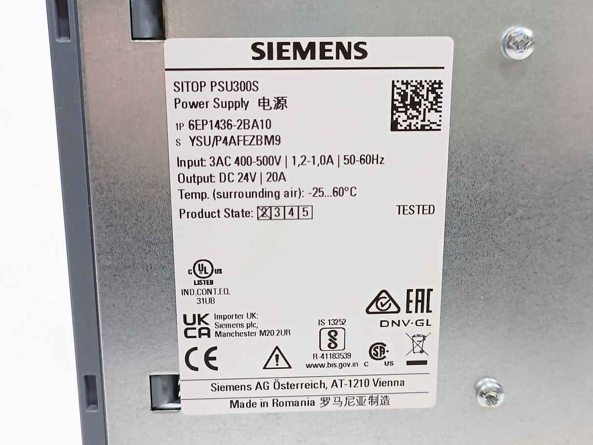 Siemens 6EP1436-2BA10 SITOP PSU300S 24V 20A Power Supply