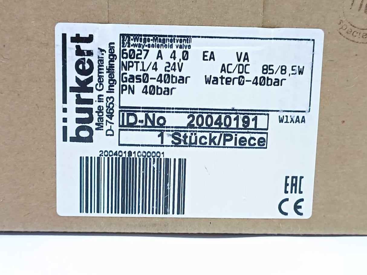 Burkert 20040191 PLUNGER VALVE 6027, A 4,0, 40bar
