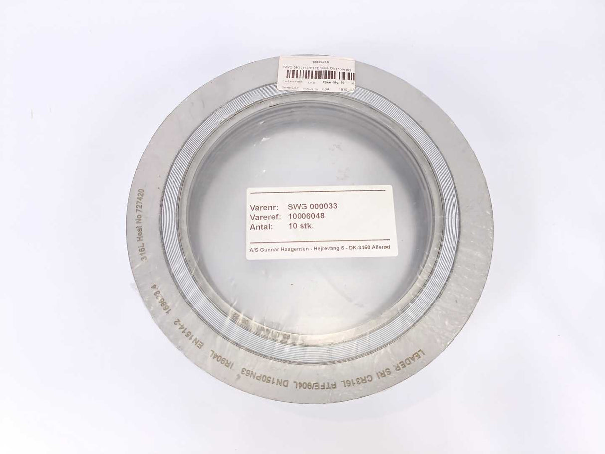 LEADER SRI 316L PTFE/904L DN150PN63 IR904L EN1514-2 Spiral Wound Gasket 10 Pcs.
