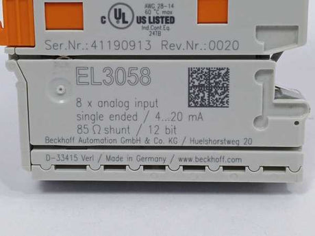 Beckhoff EL3058 8 x analog input single ended 4...20mA 85Ω shunt 12bit