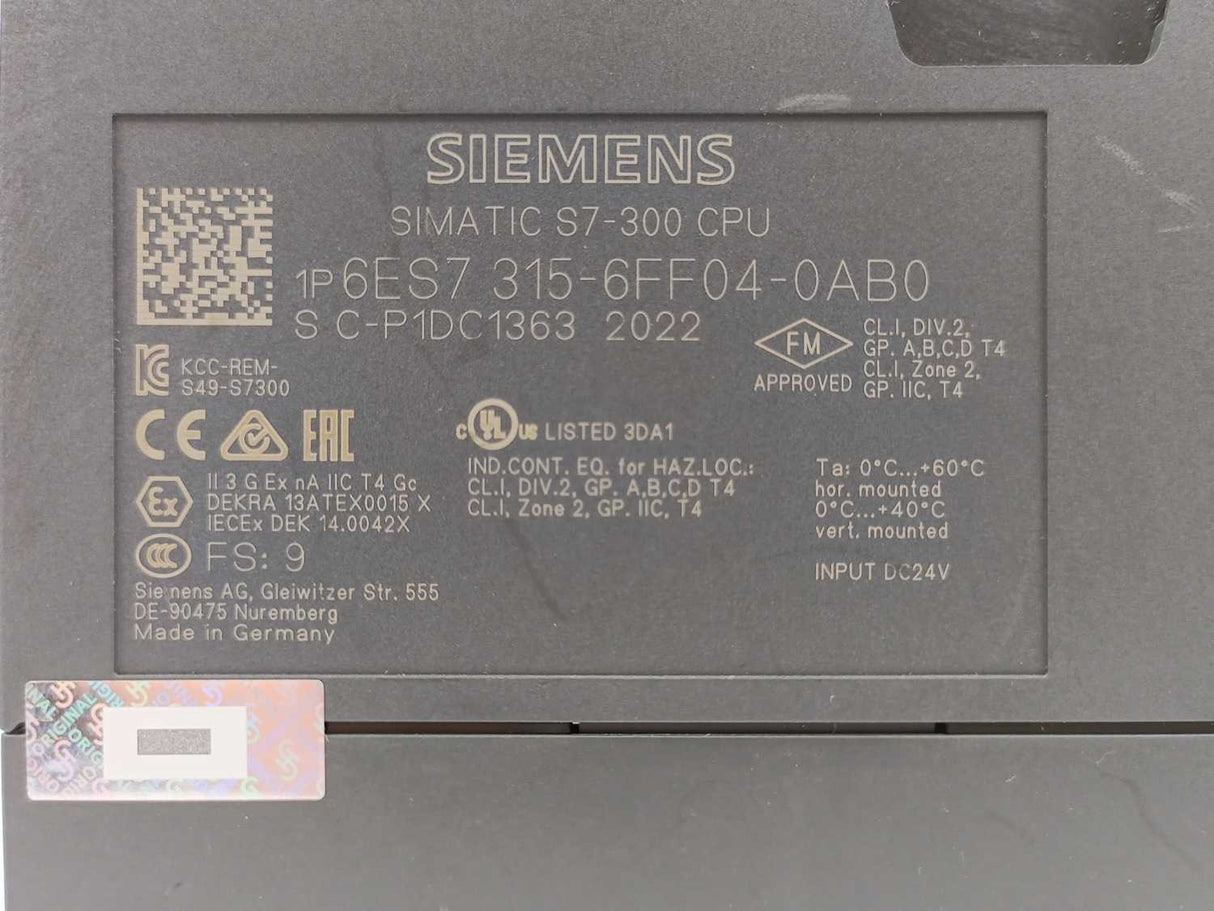 Siemens 6ES7315-6FF04-0AB0 SIMATIC S7-300, CPU 315F-2DP w/ Memory Card