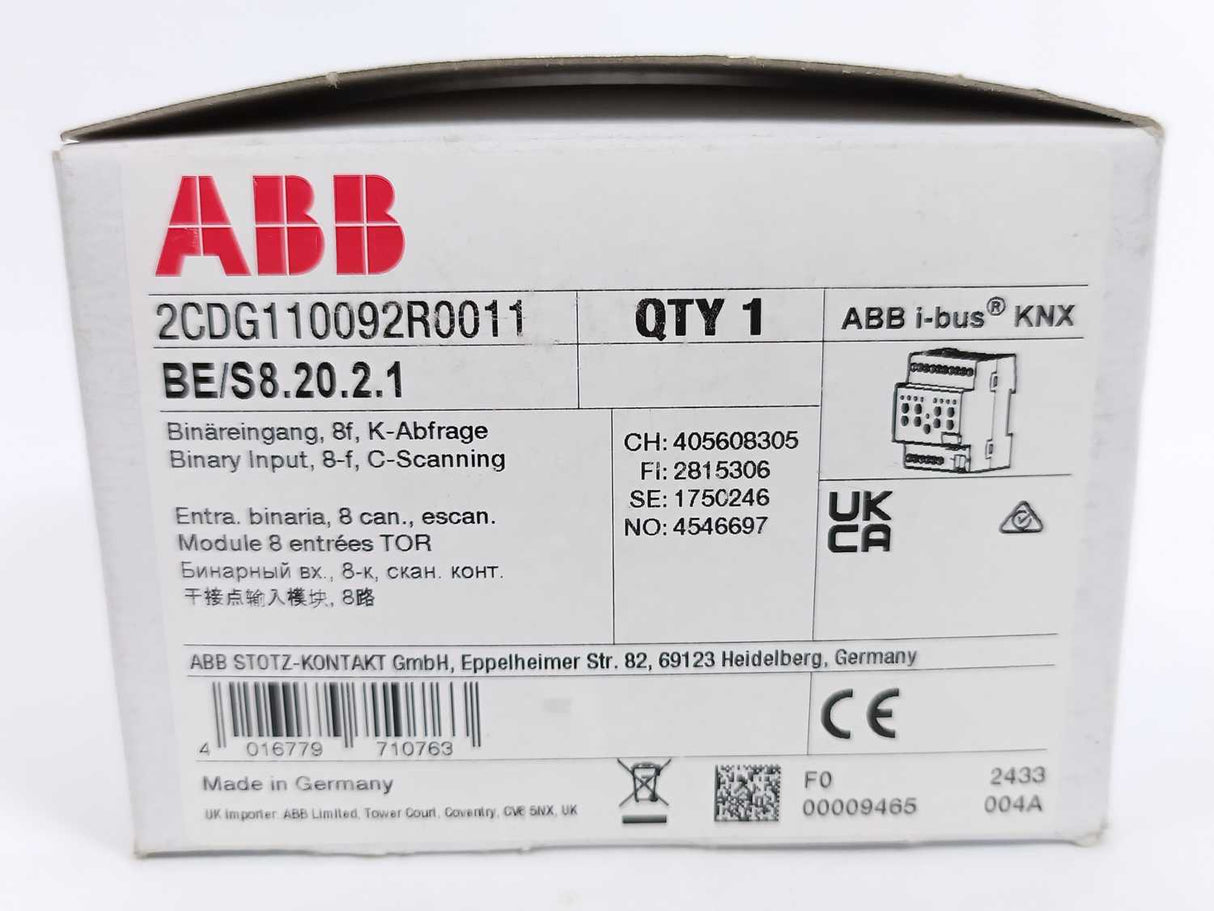 ABB 2CDG110092R0011 BE/S8.20.2.1 Binary Input, 8-fold, Contact Scanning, MDRC